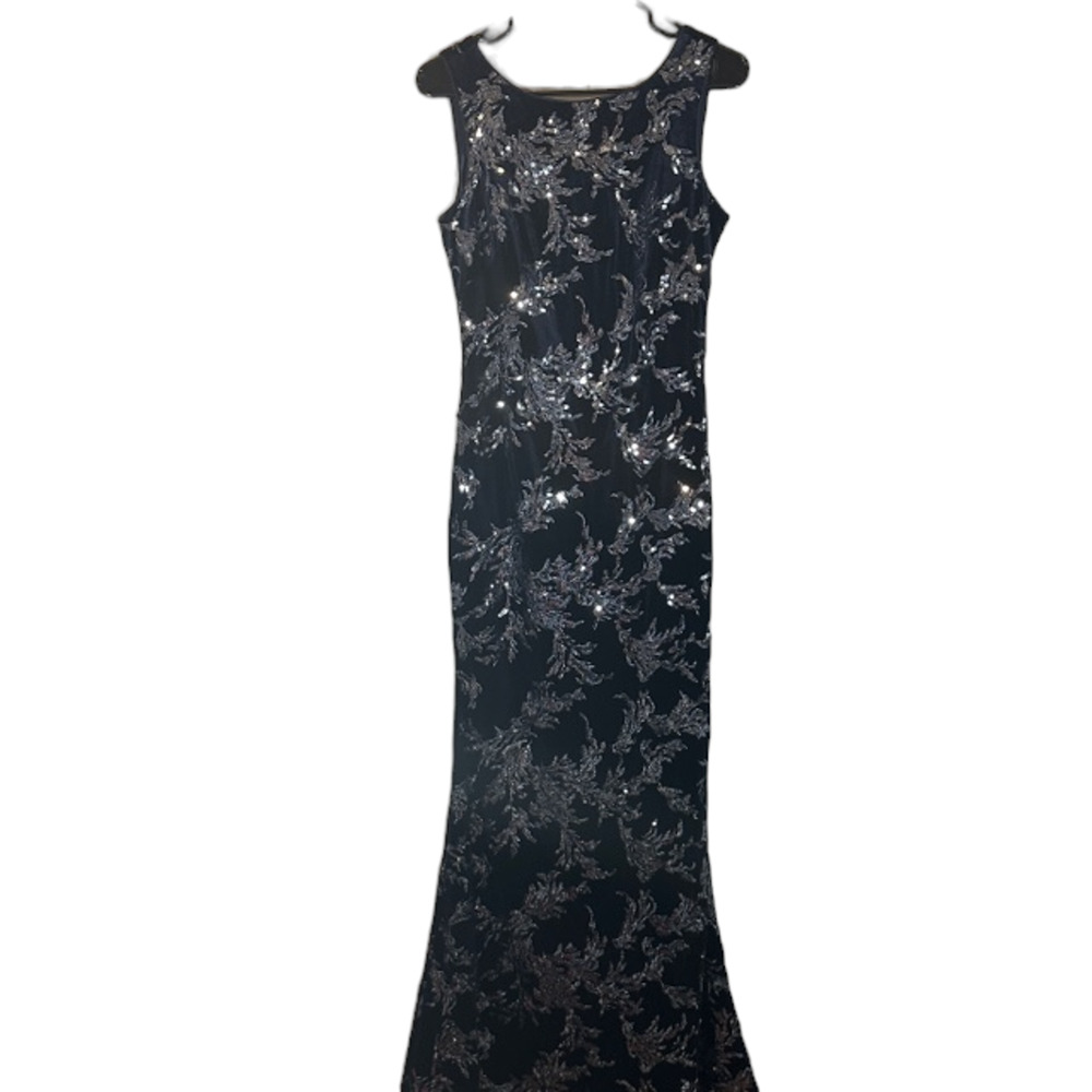 Eliza J Navy Blue & Silver Sequin Floral Velvet Sleeveless Gown Women Sz 6